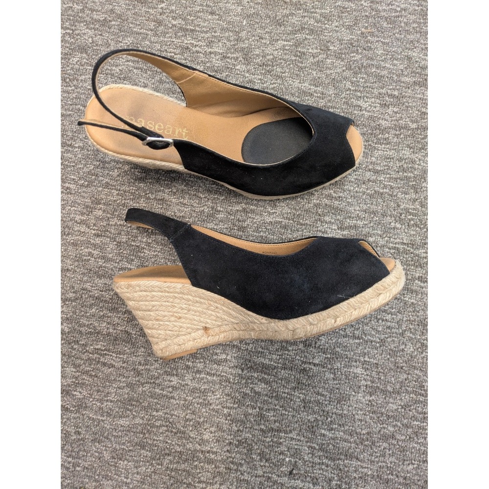 Paseart Black Suede Peep Toe Slingback Espadrille Wedge Sandals Made in Spain 38